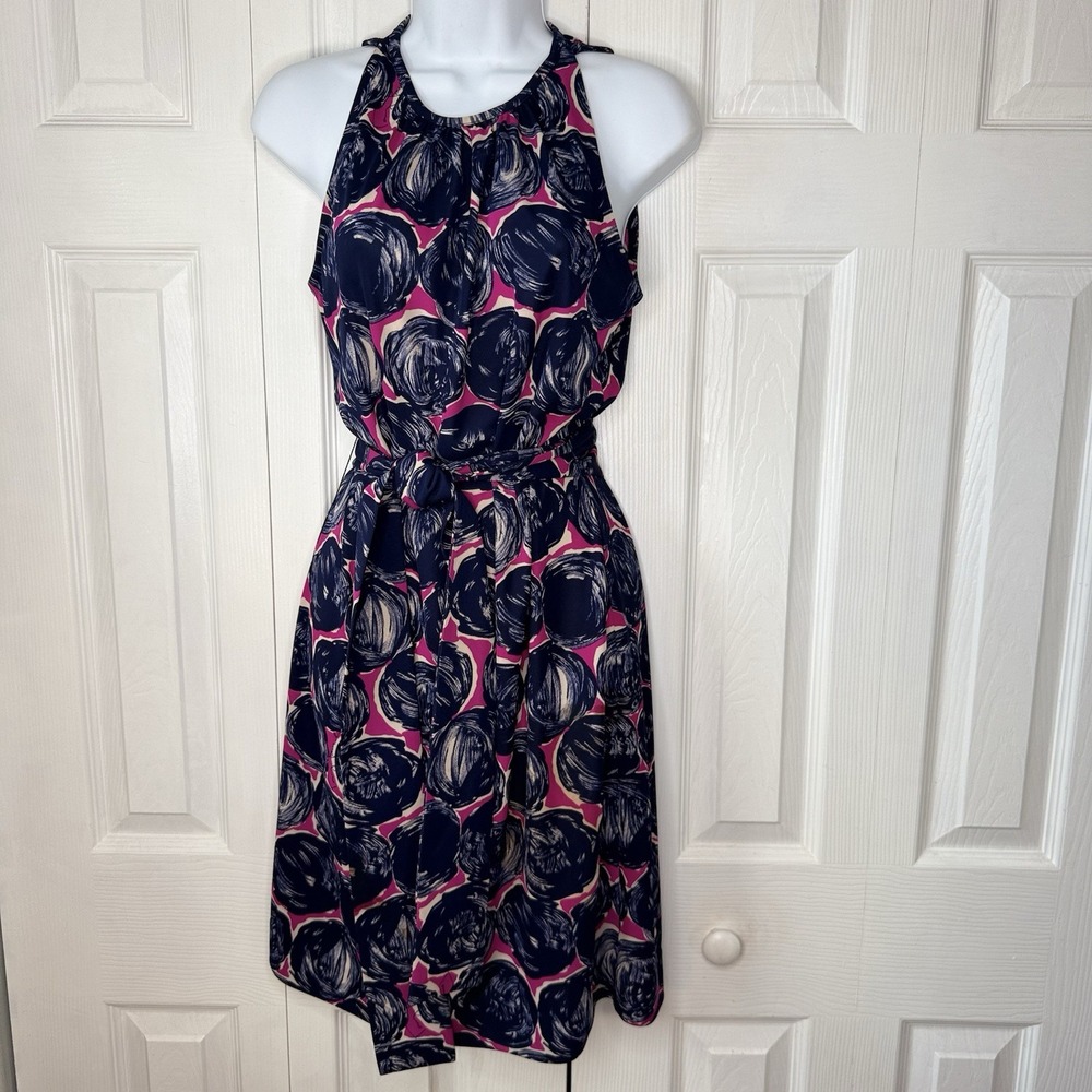Tory Burch Flinnia Halter Silk Dress Size Small Blue Pink Wild Orchid Abstract